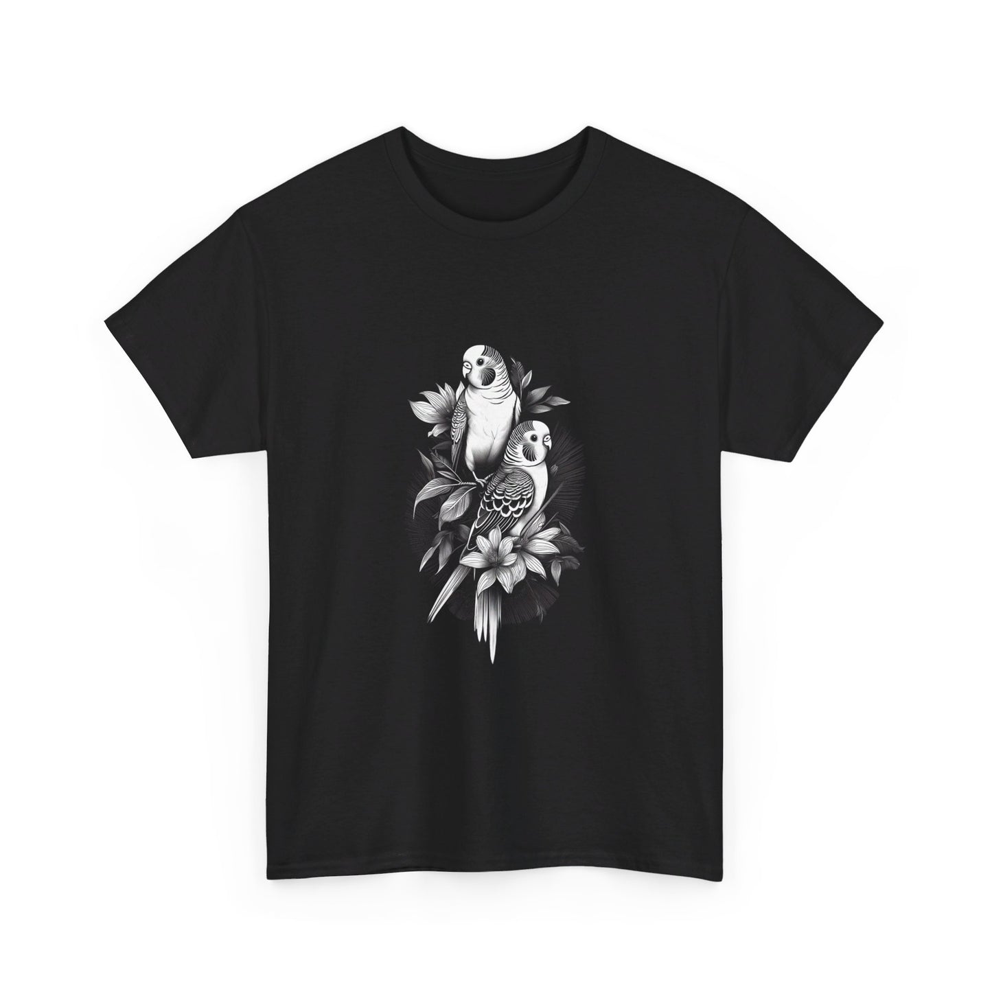 Budgies with Floral Background Unisex Heavy Cotton Tee | Black and White Design