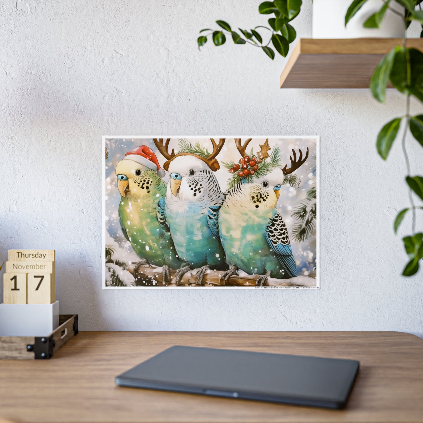 Budgies in Snow with Reindeer Antlers Christmas Poster | High-Gloss Holiday Decor