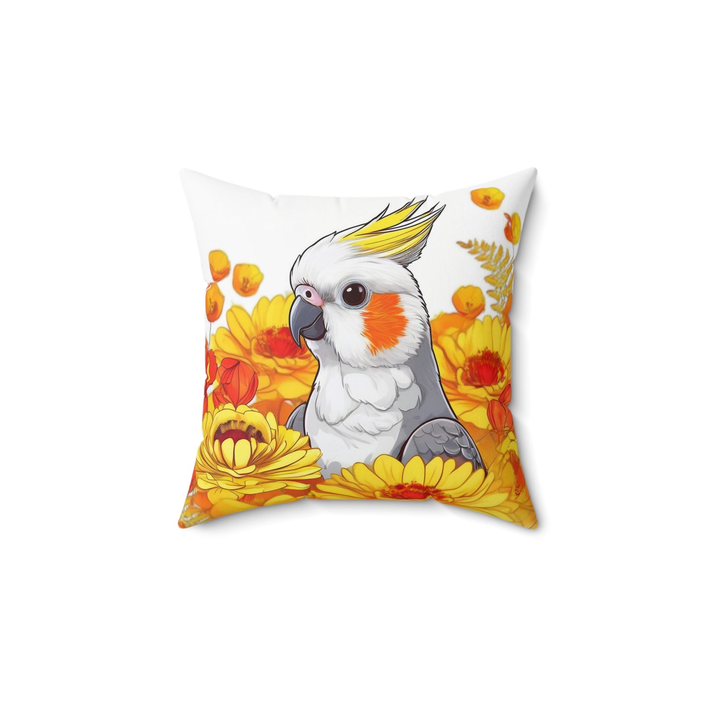 Vibrant Cockatiel in Flowers Square Pillow – Double-Sided Polyester Cushion