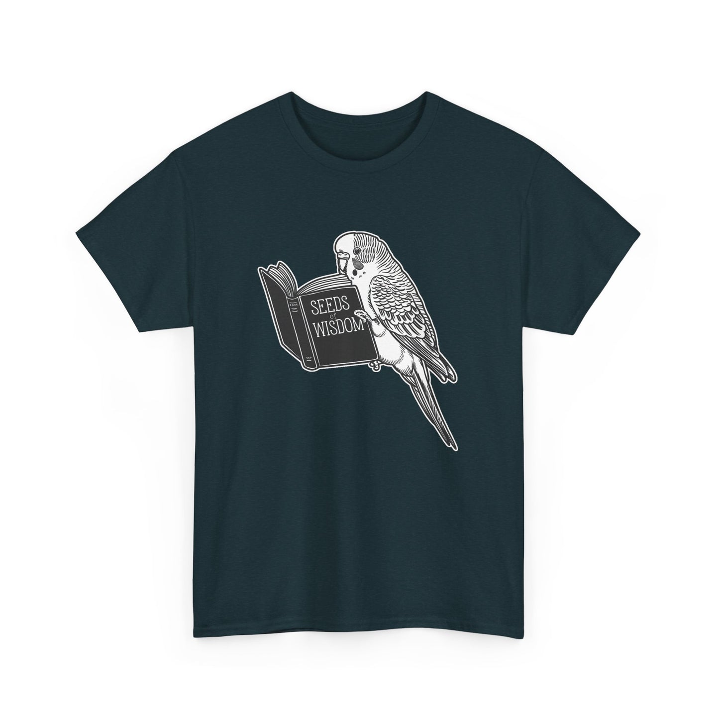 Budgie Reading "Seeds of Wisdom" Unisex Heavy Cotton Tee | 100% Cotton Casual T-Shirt