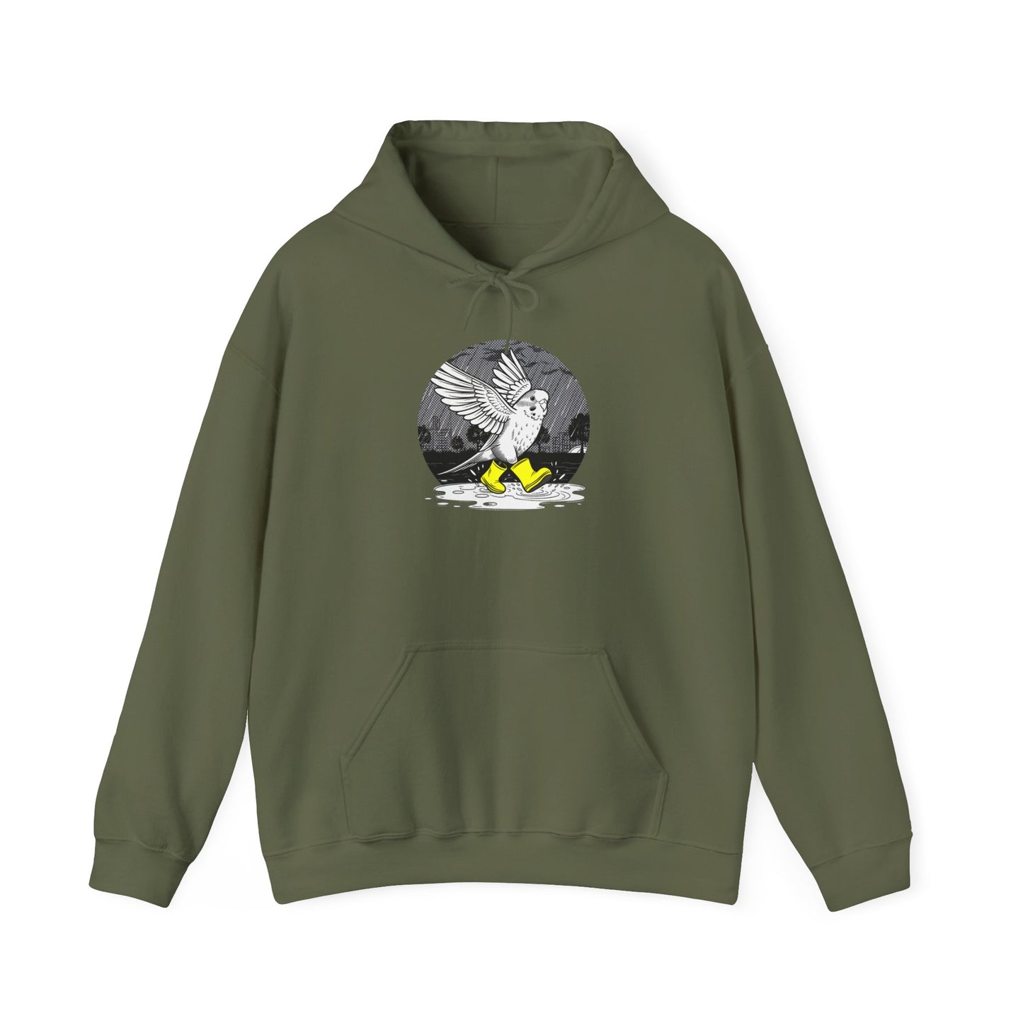 Budgie in Neon Yellow Rain Boots Unisex Heavy Blend™ Hooded Sweatshirt | "Rain or Shine I'm Fine" Hoodie