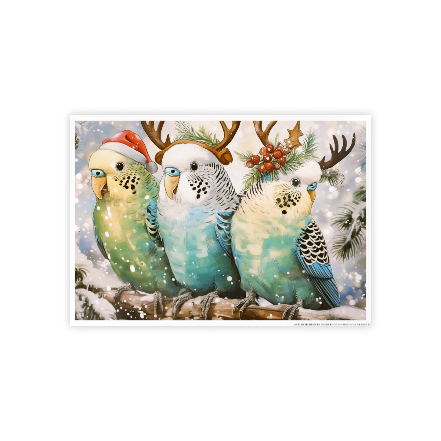 Budgies in Snow with Reindeer Antlers Christmas Poster | High-Gloss Holiday Decor