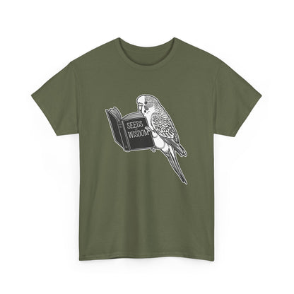 Budgie Reading "Seeds of Wisdom" Unisex Heavy Cotton Tee | 100% Cotton Casual T-Shirt