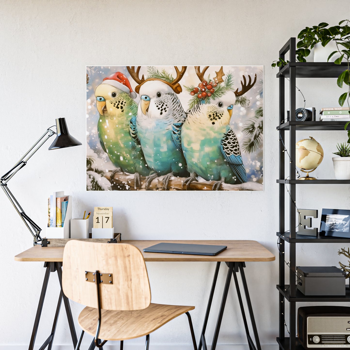 Budgies in Snow with Reindeer Antlers Christmas Poster | High-Gloss Holiday Decor