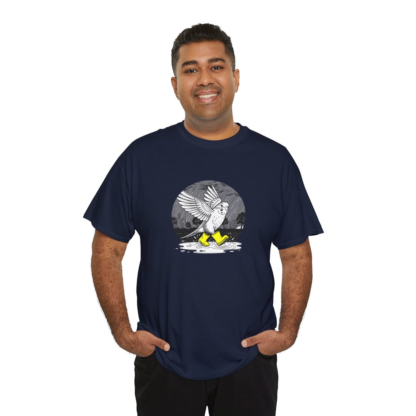 Budgie in Neon Yellow Rain Boots Unisex Heavy Cotton Tee | "Rain or Shine I'm Fine" T-Shirt