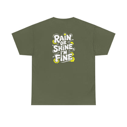 Budgie in Neon Yellow Rain Boots Unisex Heavy Cotton Tee | "Rain or Shine I'm Fine" T-Shirt