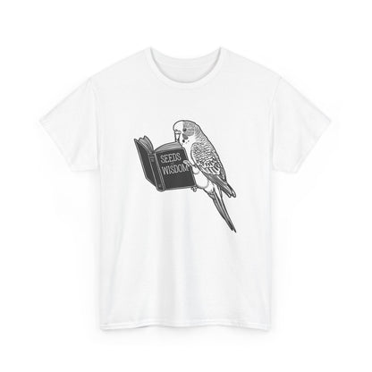 Budgie Reading "Seeds of Wisdom" Unisex Heavy Cotton Tee | 100% Cotton Casual T-Shirt