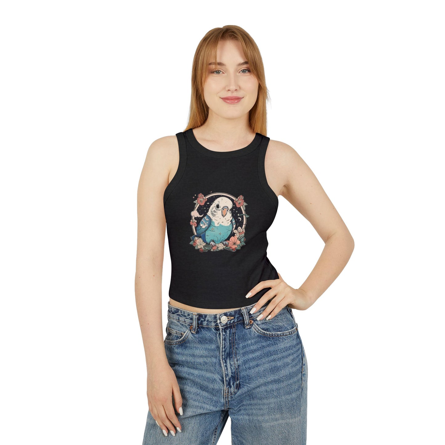 Cute Blue Budgie Floral Racer-Back Tank Top | Women's Ribbed Tank