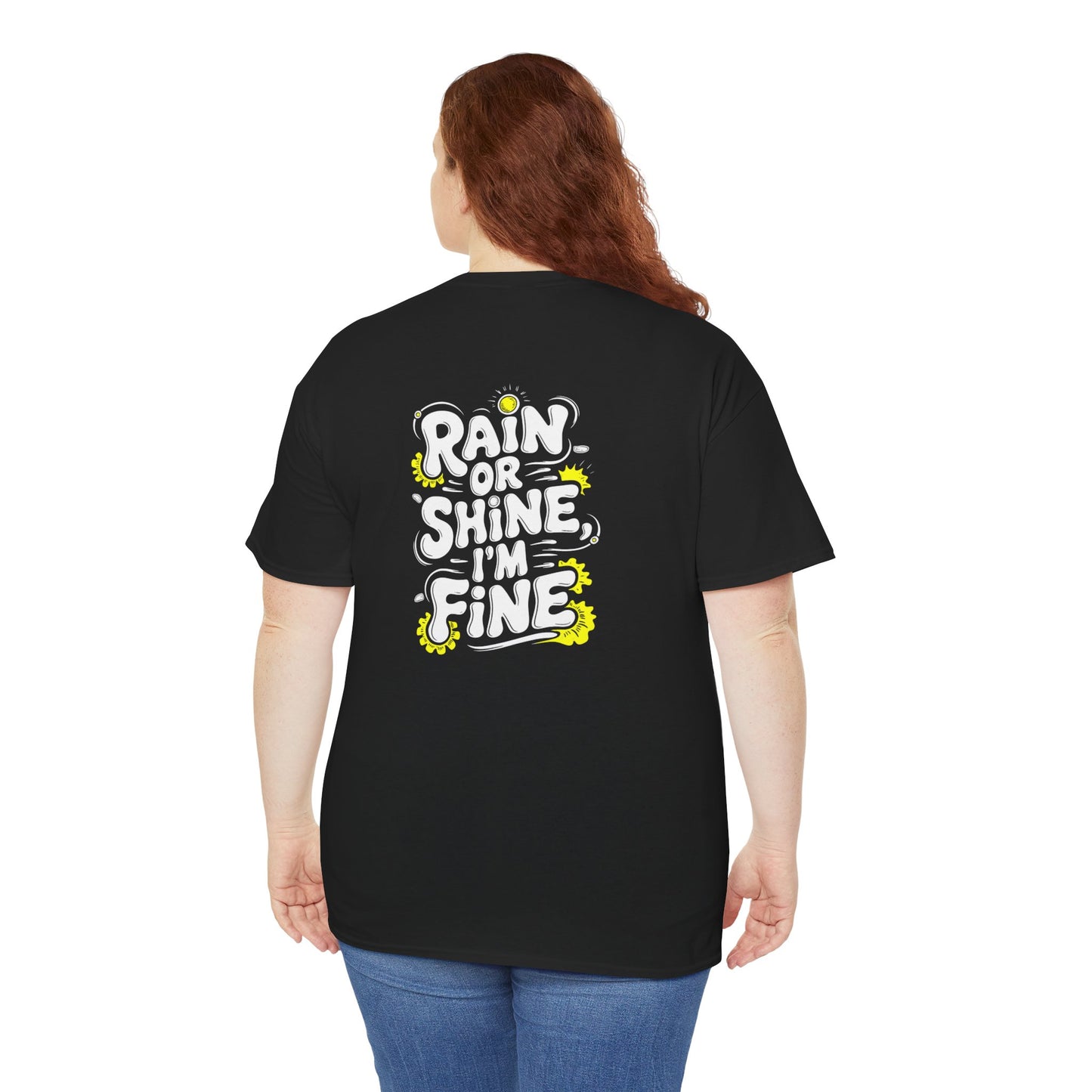 Budgie in Neon Yellow Rain Boots Unisex Heavy Cotton Tee | "Rain or Shine I'm Fine" T-Shirt