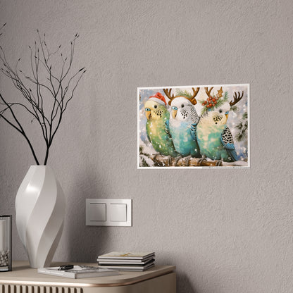 Budgies in Snow with Reindeer Antlers Christmas Poster | High-Gloss Holiday Decor