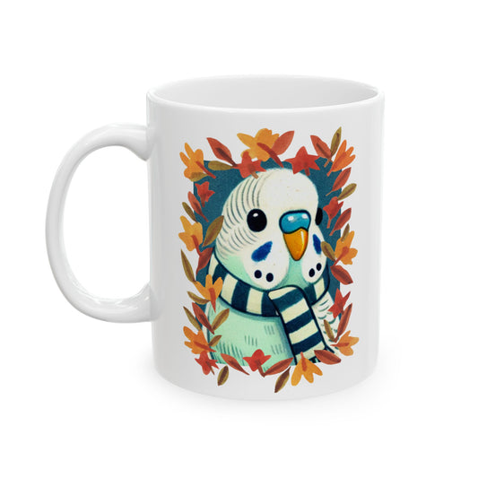 Cozy Fall Mug with Blue Parakeet Budgie in Scarf & Autumn Leaves – Cute Bird Lover Gift