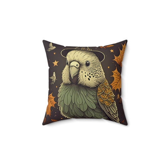 Halloween Budgie with Witch Hat Spun Polyester Square Pillow | Fall Leaves Design | Indoor Accent Pillow