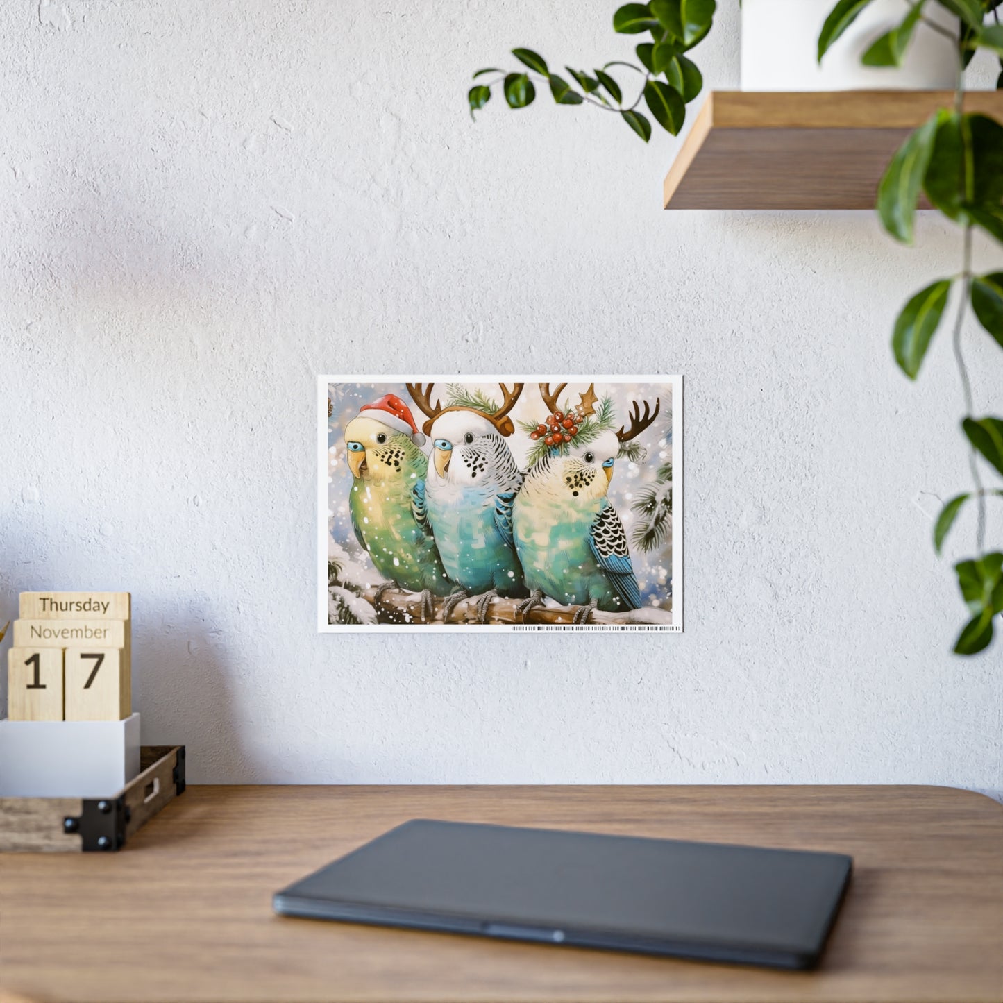 Budgies in Snow with Reindeer Antlers Christmas Poster | High-Gloss Holiday Decor