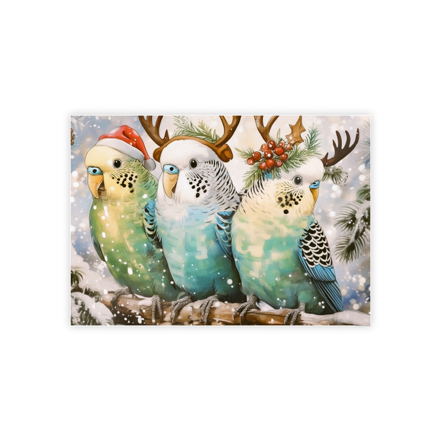 Budgies in Snow with Reindeer Antlers Christmas Poster | High-Gloss Holiday Decor