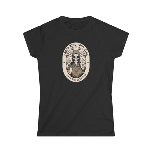 Crazy Bird Lady Club Women's Softstyle Tee | Grim Reaper with Birds Design