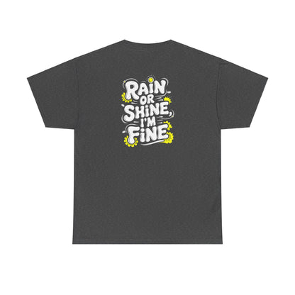 Budgie in Neon Yellow Rain Boots Unisex Heavy Cotton Tee | "Rain or Shine I'm Fine" T-Shirt