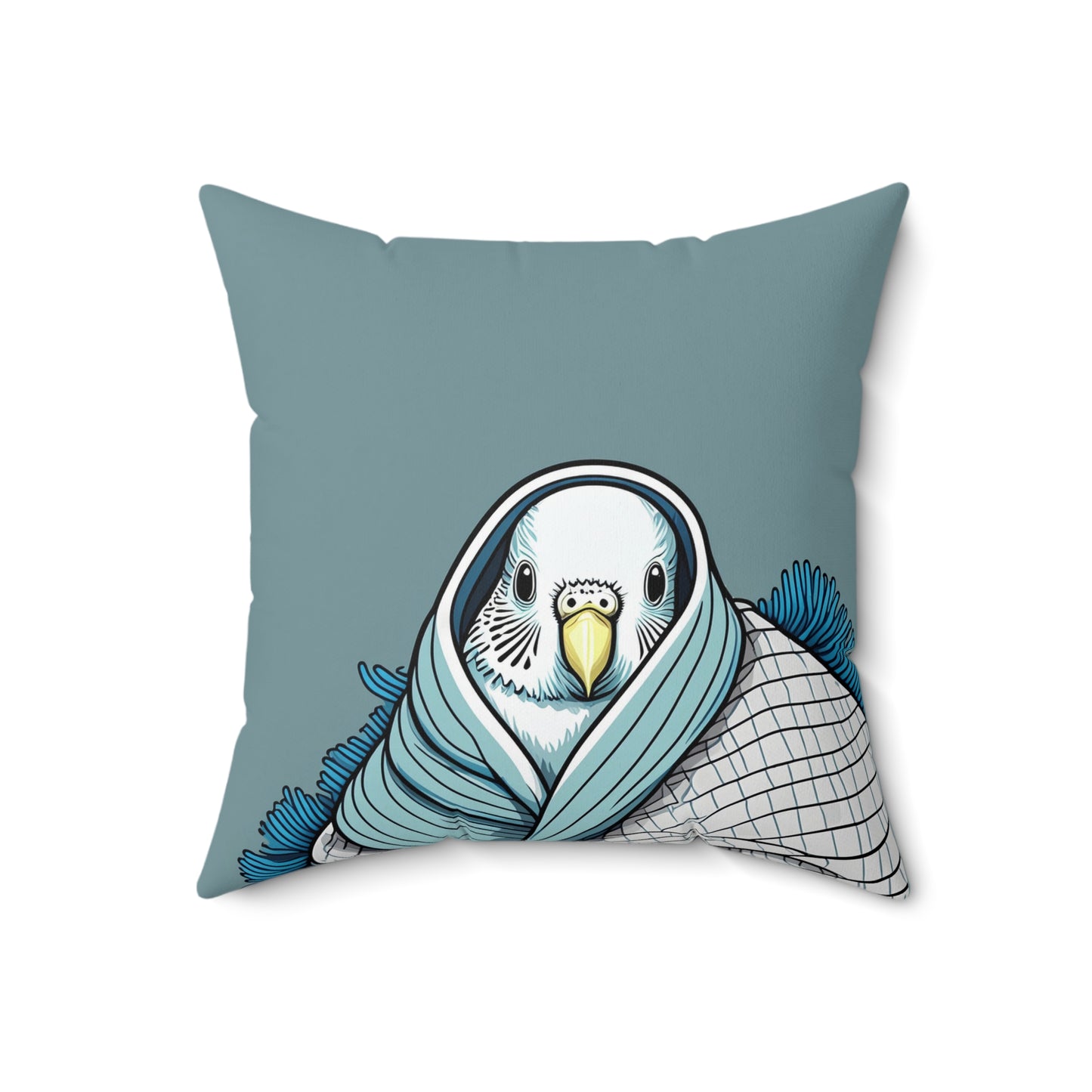 Adorable Budgie Wrapped in Blanket Blue Pillow | Cozy Bird-Themed Decor