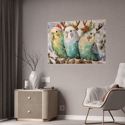 Budgies in Snow with Reindeer Antlers Christmas Poster | High-Gloss Holiday Decor