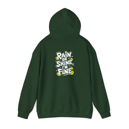 Budgie in Neon Yellow Rain Boots Unisex Heavy Blend™ Hooded Sweatshirt | "Rain or Shine I'm Fine" Hoodie