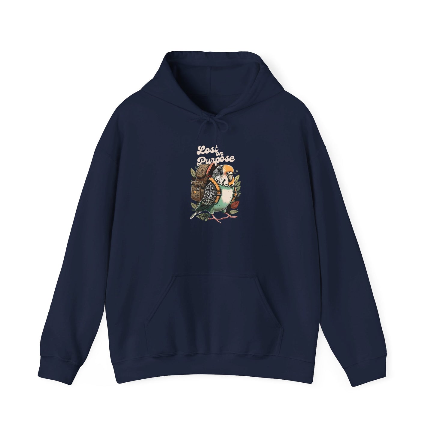 "Lost on Purpose" Unisex Heavy Blend™ Hooded Sweatshirt - Budgie with Backpack Design