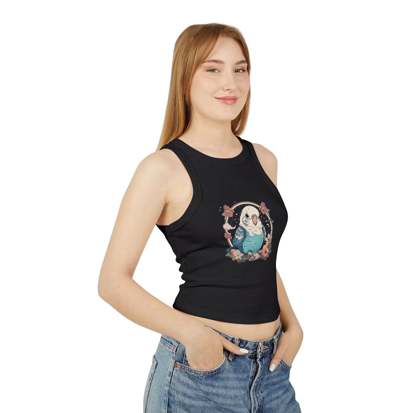 Cute Blue Budgie Floral Racer-Back Tank Top | Women's Ribbed Tank