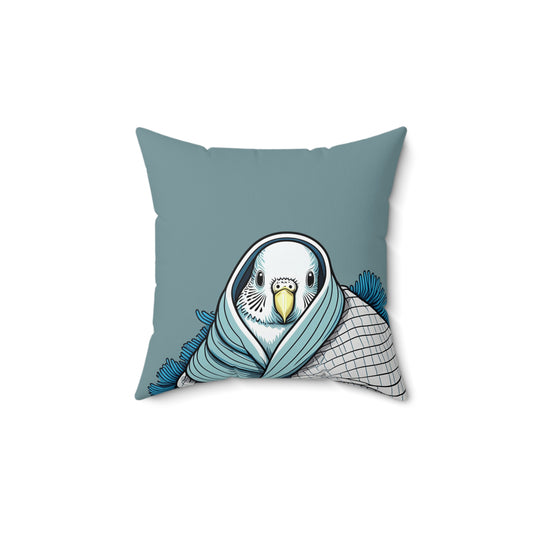 Adorable Budgie Wrapped in Blanket Blue Pillow | Cozy Bird-Themed Decor