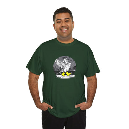 Budgie in Neon Yellow Rain Boots Unisex Heavy Cotton Tee | "Rain or Shine I'm Fine" T-Shirt