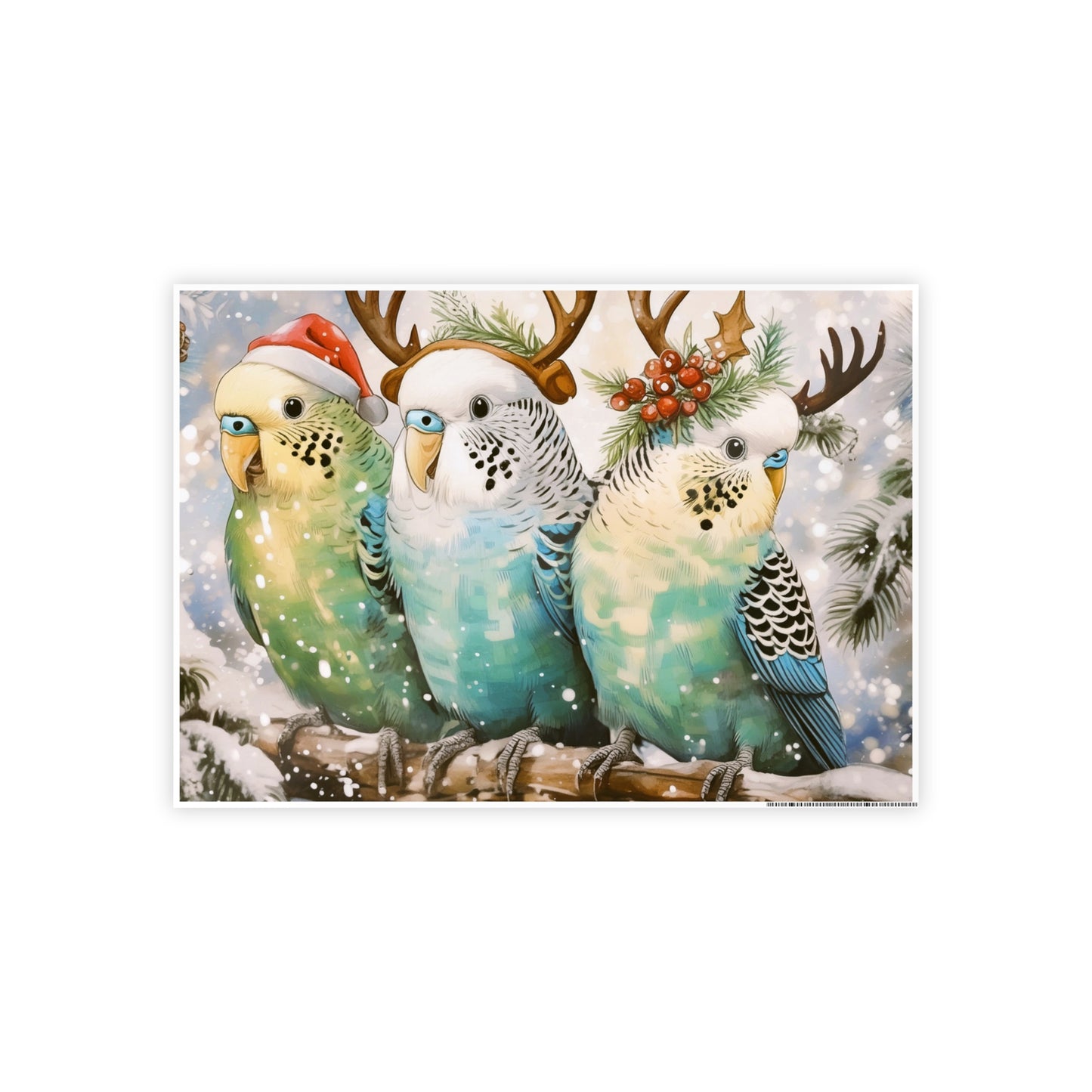 Budgies in Snow with Reindeer Antlers Christmas Poster | High-Gloss Holiday Decor