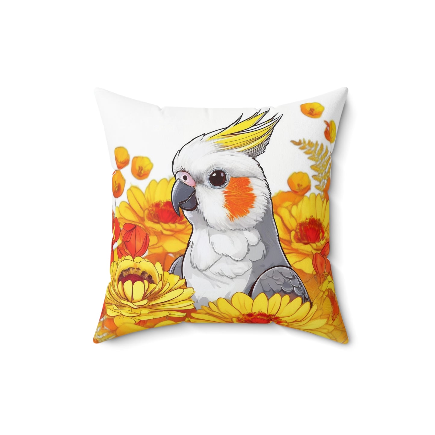 Vibrant Cockatiel in Flowers Square Pillow – Double-Sided Polyester Cushion