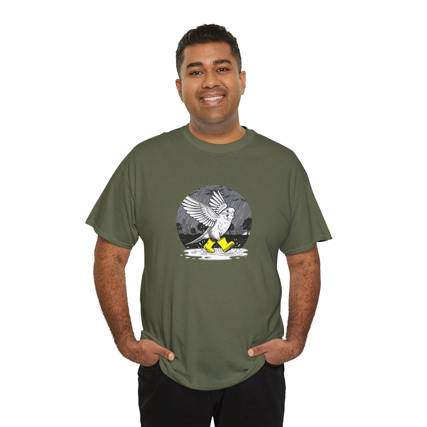 Budgie in Neon Yellow Rain Boots Unisex Heavy Cotton Tee | "Rain or Shine I'm Fine" T-Shirt