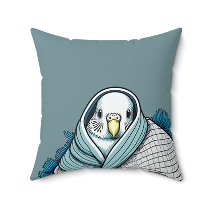 Adorable Budgie Wrapped in Blanket Blue Pillow | Cozy Bird-Themed Decor