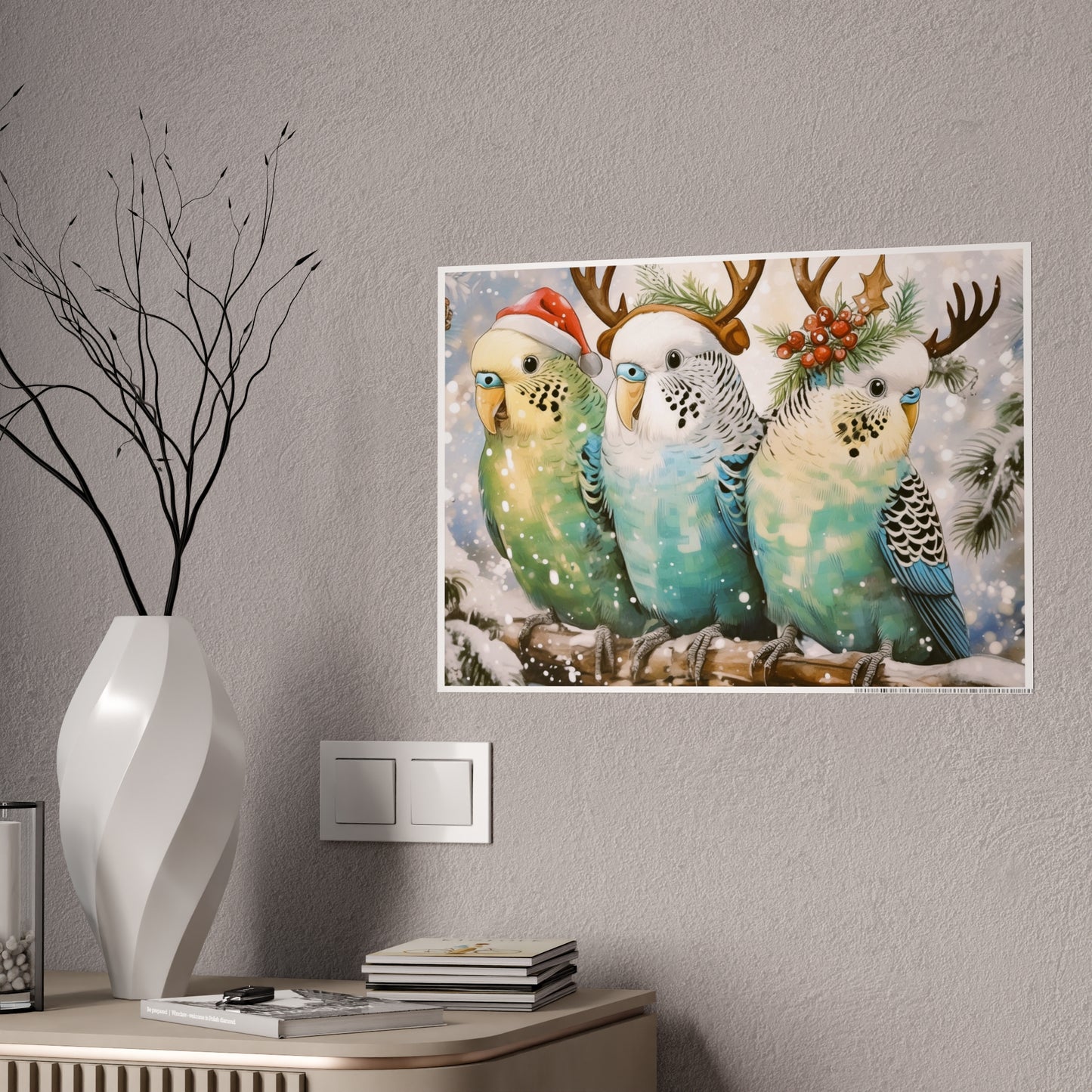 Budgies in Snow with Reindeer Antlers Christmas Poster | High-Gloss Holiday Decor