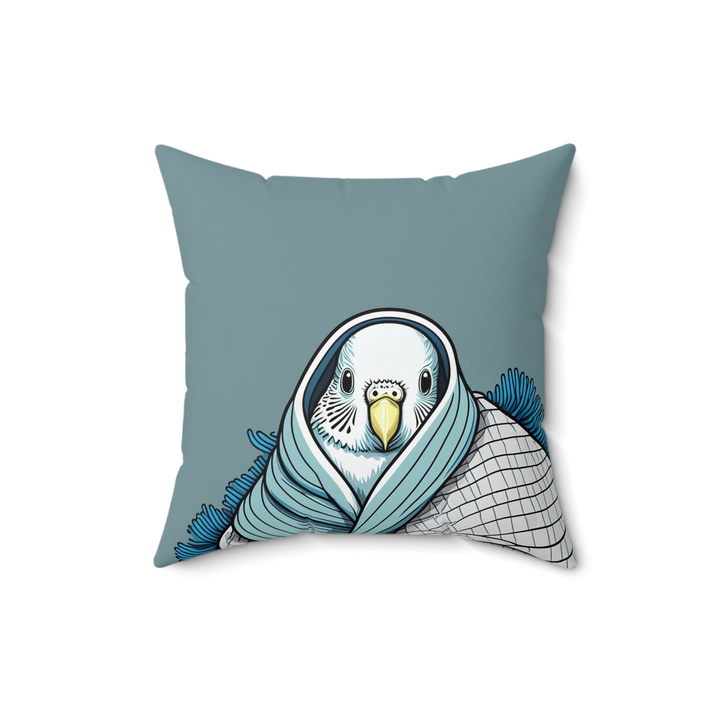 Adorable Budgie Wrapped in Blanket Blue Pillow | Cozy Bird-Themed Decor