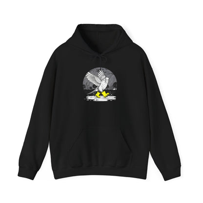 Budgie in Neon Yellow Rain Boots Unisex Heavy Blend™ Hooded Sweatshirt | "Rain or Shine I'm Fine" Hoodie