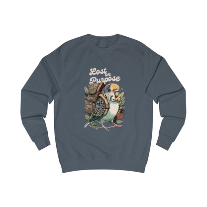 "Lost on Purpose" Unisex Soft Cotton Sweatshirt -  Budgie with Backpack Design