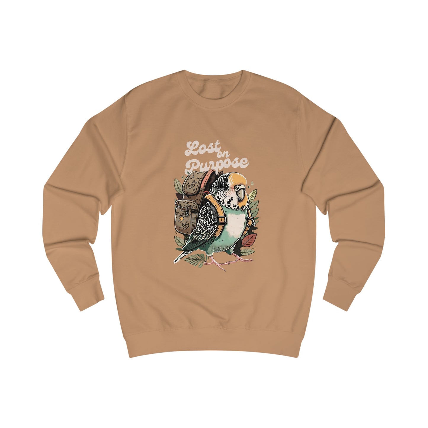 "Lost on Purpose" Unisex Soft Cotton Sweatshirt -  Budgie with Backpack Design