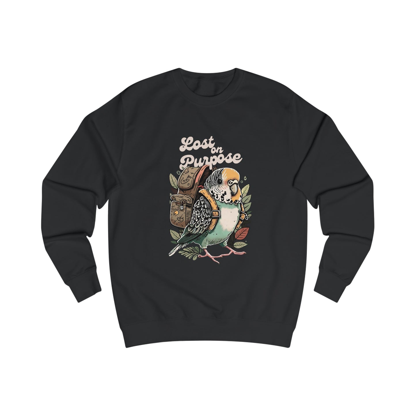 "Lost on Purpose" Unisex Soft Cotton Sweatshirt -  Budgie with Backpack Design