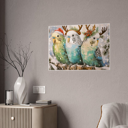 Budgies in Snow with Reindeer Antlers Christmas Poster | High-Gloss Holiday Decor