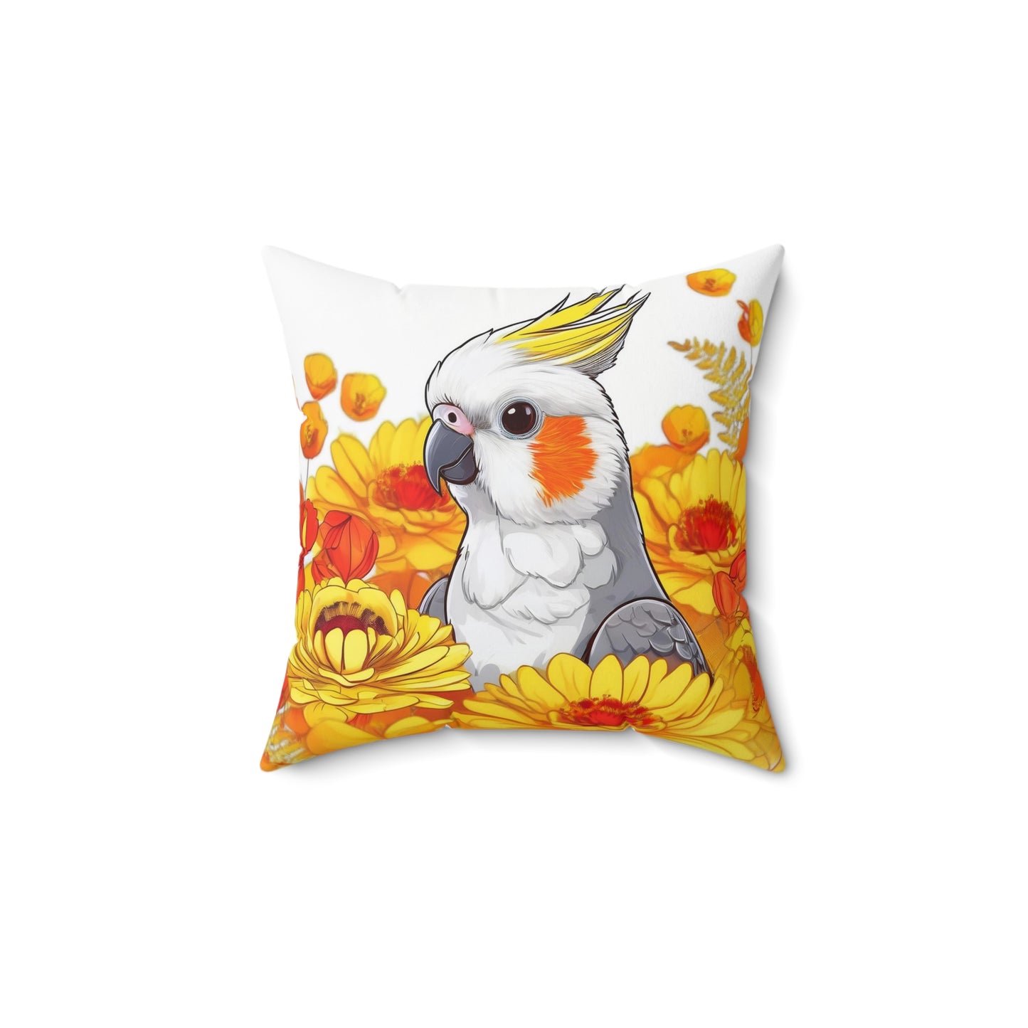 Vibrant Cockatiel in Flowers Square Pillow – Double-Sided Polyester Cushion