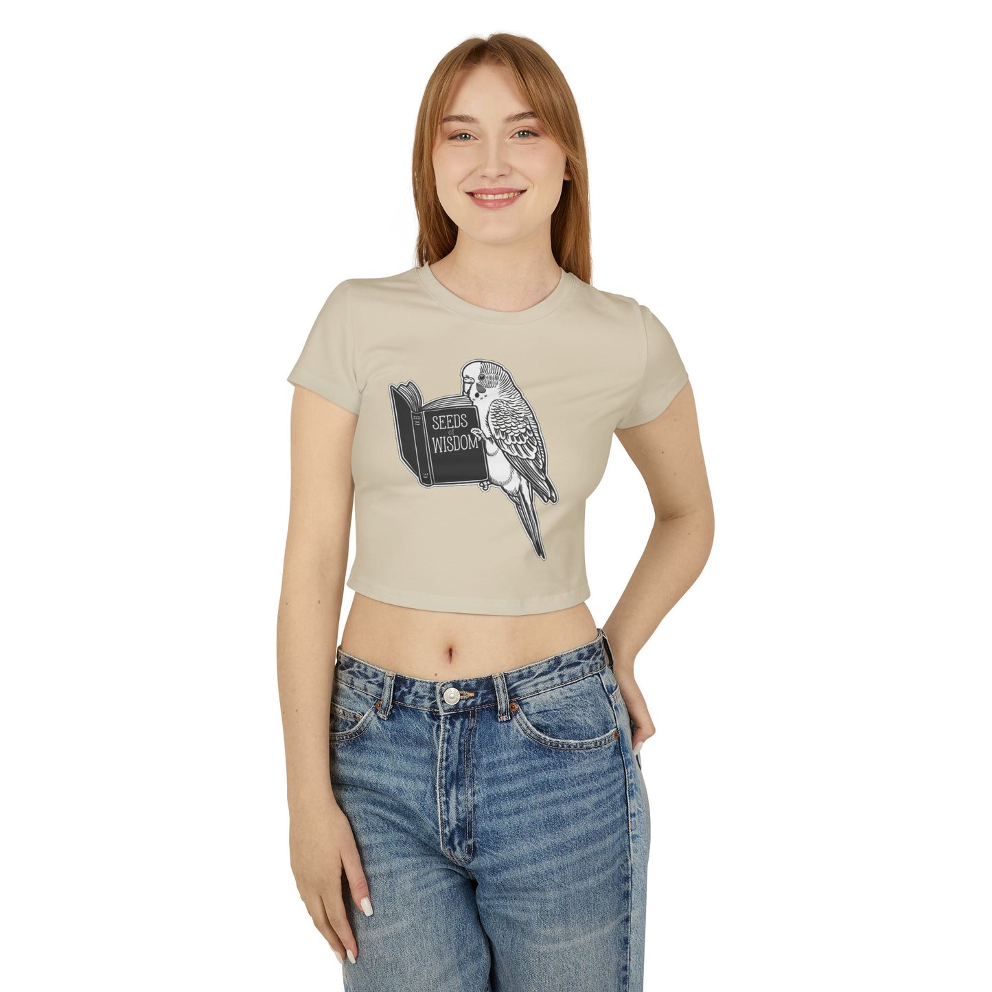 Budgie Reading "Seeds of Wisdom" Women's Baby Tee | Organic Cotton Slim Fit Shirt