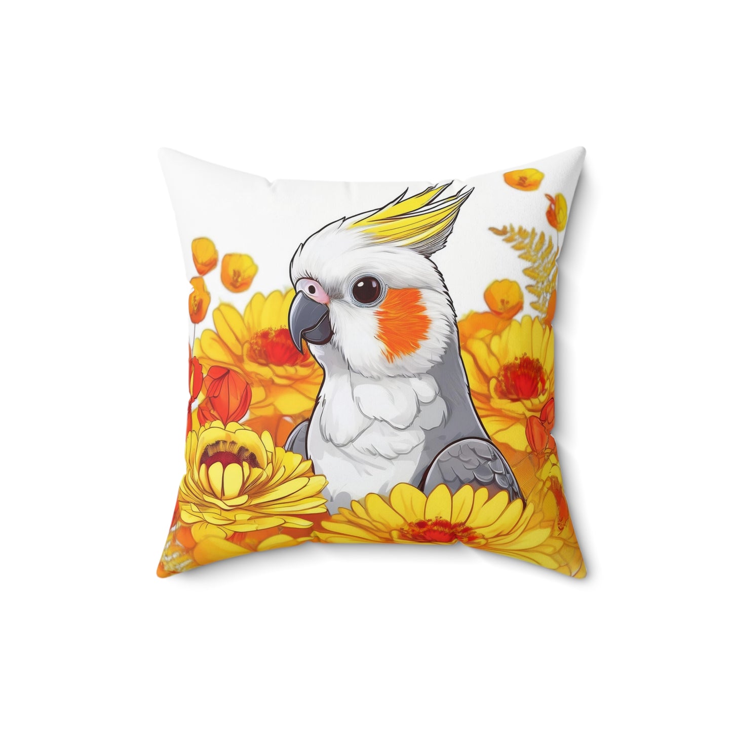 Vibrant Cockatiel in Flowers Square Pillow – Double-Sided Polyester Cushion